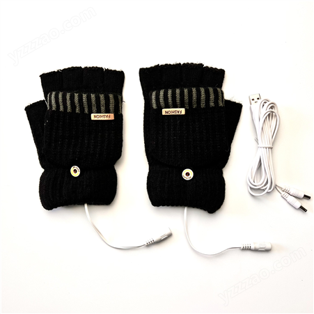 USB暖手套针织翻盖半指电热手套加绒加厚户外2用跨境电商厂家货源